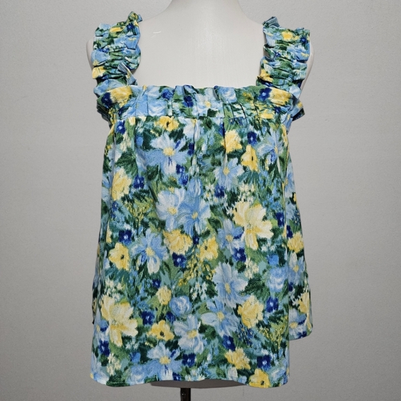 Buckle Blu Pepper Blue & Green Floral Ruched Strap Tank Size Small - Picture 2 of 8